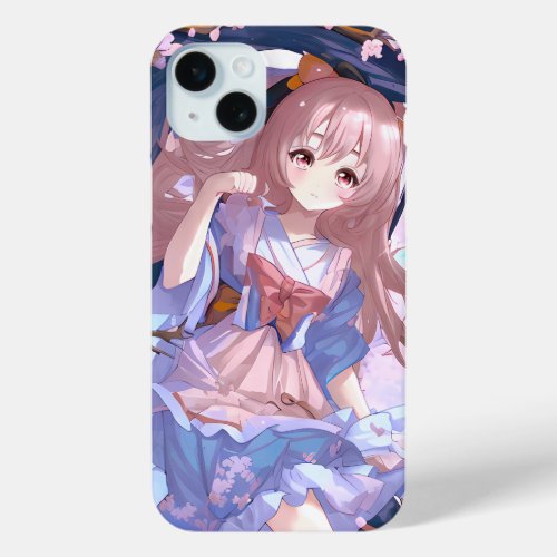 Cute Anime Girl Under A Cherry Blossom Tree iPhone 15 Plus Case