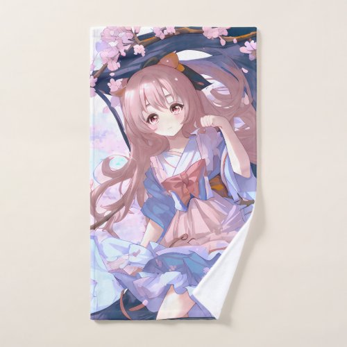 Cute Anime Girl Under A Cherry Blossom Tree Hand Towel