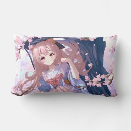 Cute Anime Girl Under A Cherry Blossom Tree Lumbar Pillow