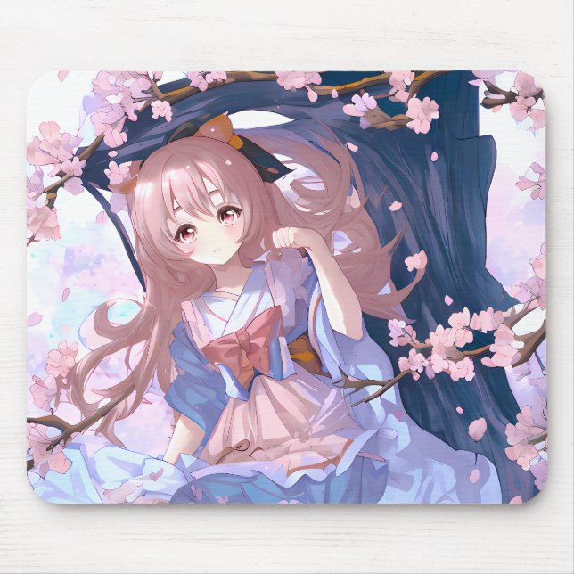Cute Anime Girl Under A Cherry Blossom Tree Mouse Pad (Front)