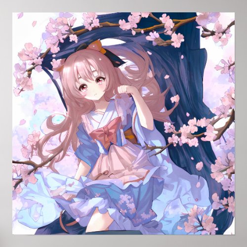 Cute Anime Girl Under A Cherry Blossom Tree Poster