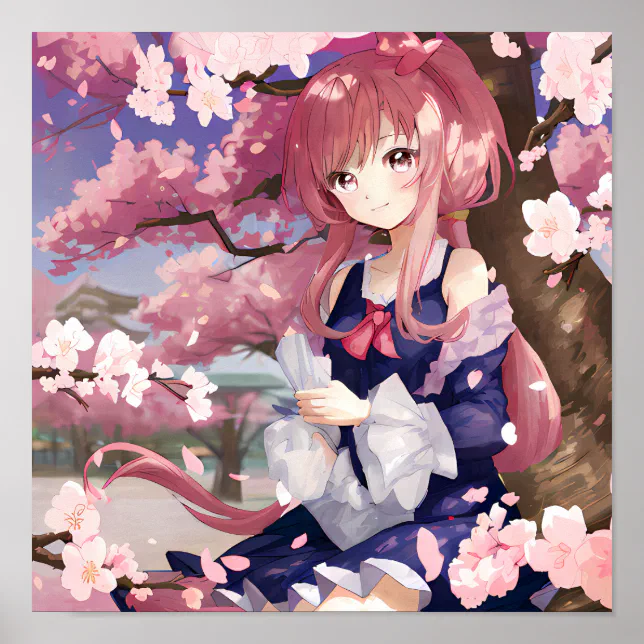 Cute Anime Girl Under A Cherry Blossom Tree Poster | Zazzle
