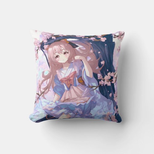 Cute Anime Girl Under A Cherry Blossom Tree Throw Pillow