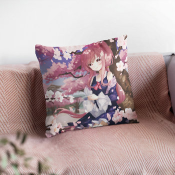 Cute Anime Girl Under A Cherry Blossom Tree Throw Pillow by SparklingSakura at Zazzle