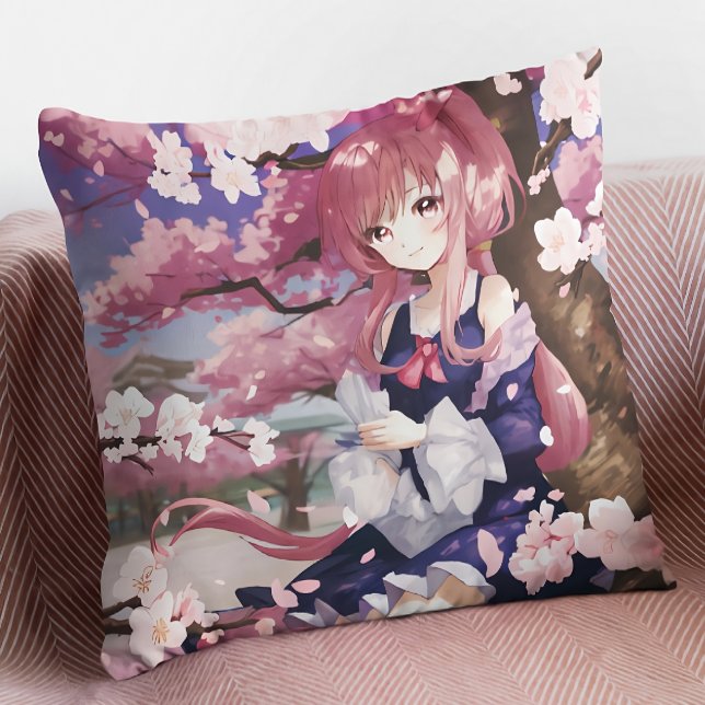 Cute Anime Girl Under A Cherry Blossom Tree Throw Pillow (Creator Uploaded)