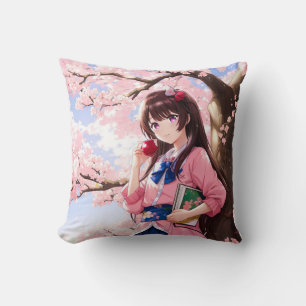 Cute Anime Girl Under A Cherry Blossom Tree Throw Pillow