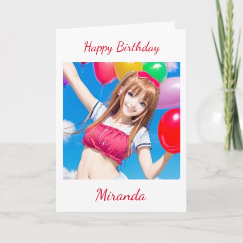 Cute Anime Girl with Balloon Birthday Card