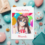 Cute Anime Girl with Balloon Birthday Card