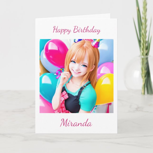 Cute Anime Girl with Balloons Birthday Card (Front)