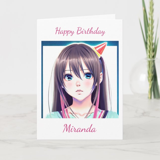 Cute Anime Girl with Birthday Hat Card (Front)