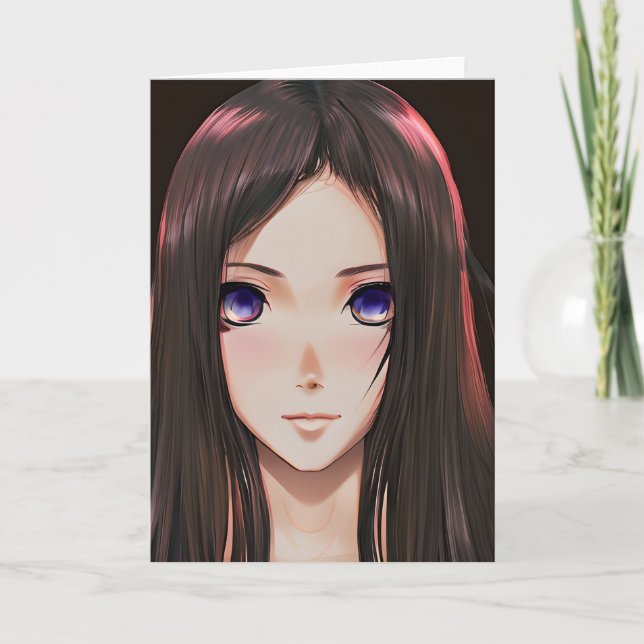 Cute Anime Girl with Brown Hair and Blue Eyes Card (Front)