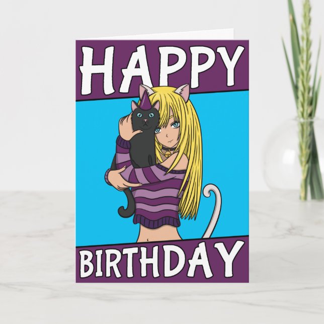 Cute Anime Girl With Cute Pet Card Birthday Card (Front)