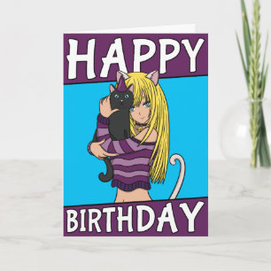 Cute Anime Girl With Cute Pet Card Birthday Card