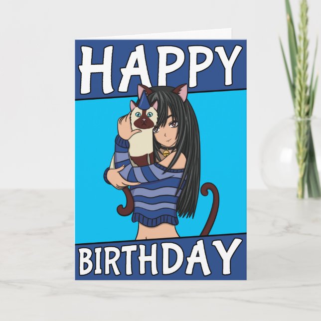 Cute Anime Girl With Cute Pet Card Birthday Card (Front)
