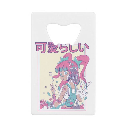 Cute anime girl with plushie toys credit card bottle opener