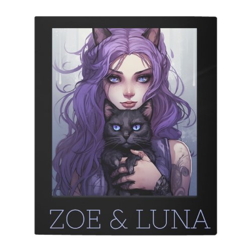 Cute Anime Girl with Purple Hair and Her Cat Metal Print