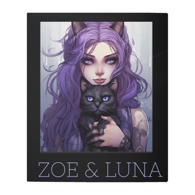 Cute Anime Girl with Purple Hair and Her Cat Metal Print (Front)