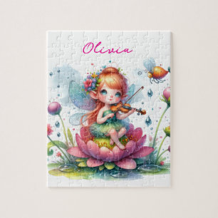 Cute Anime Girl with Violin on Lotus Flower Jigsaw Puzzle