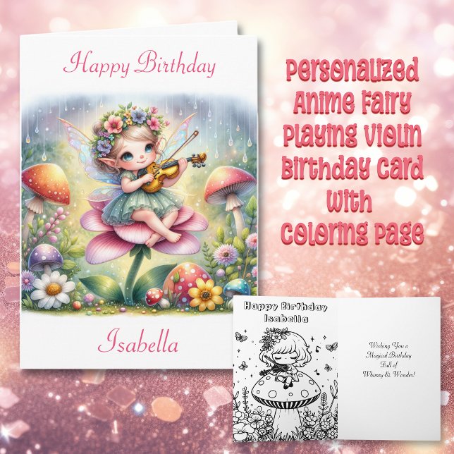 Cute Anime Girl with Violin on Mushroom Birthday Card (Creator Uploaded)