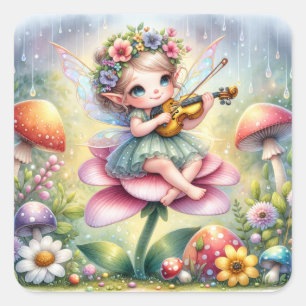 Cute Anime Girl with Violin on Mushroom Square Sticker