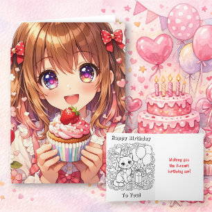 Cute Anime Girl's Birthday and Coloring Page Card