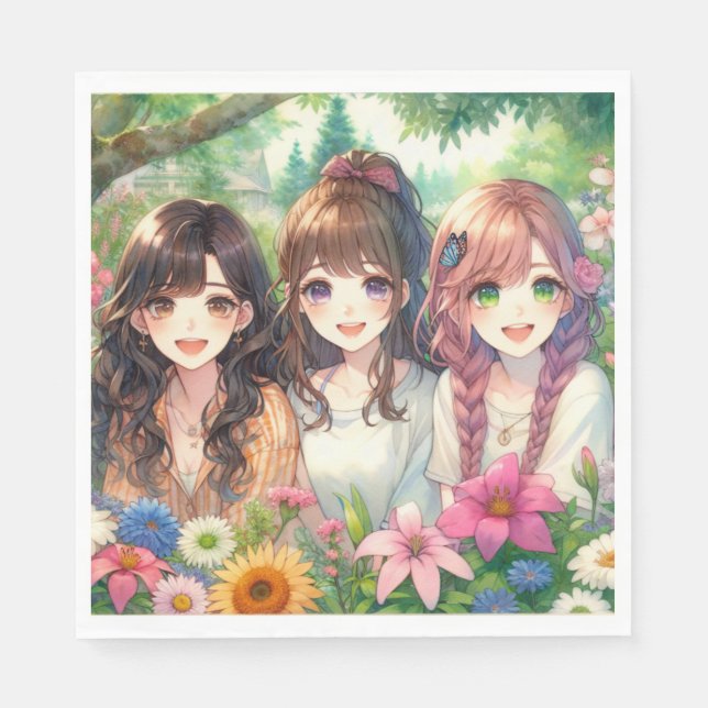 Cute Anime Girls Birthday Party Napkins (Front)
