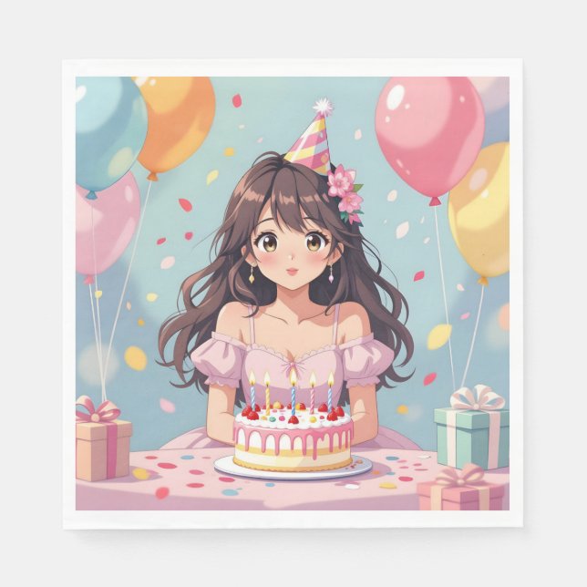 Cute Anime Girl's Birthday Party Napkins (Front)
