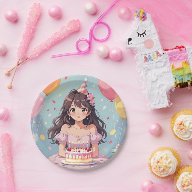 Cute Anime Girl's Birthday Party Paper Plates (Party)