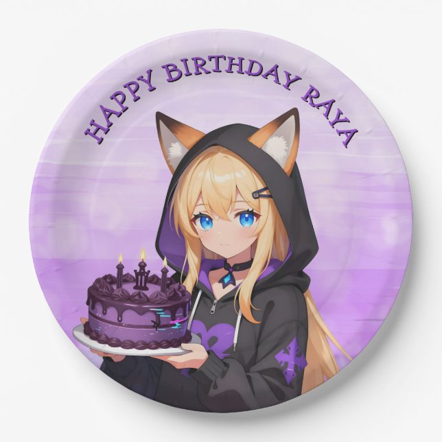 Cute Anime Girl's Birthday Party Paper Plates (Front)