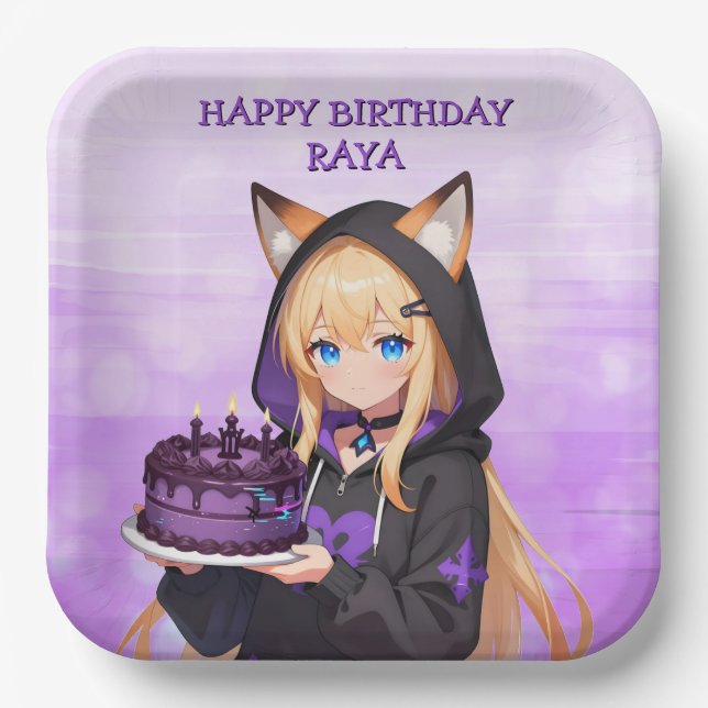 Cute Anime Girl's Birthday Party Paper Plates (Front)