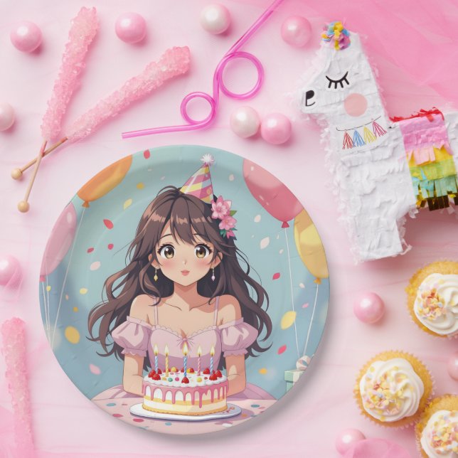 Cute Anime Girl's Birthday Party Paper Plates (Party)