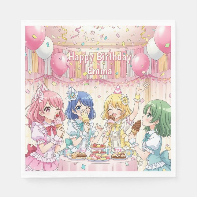Cute Anime Girl's Ice Cream Birthday Party   Napkins (Front)