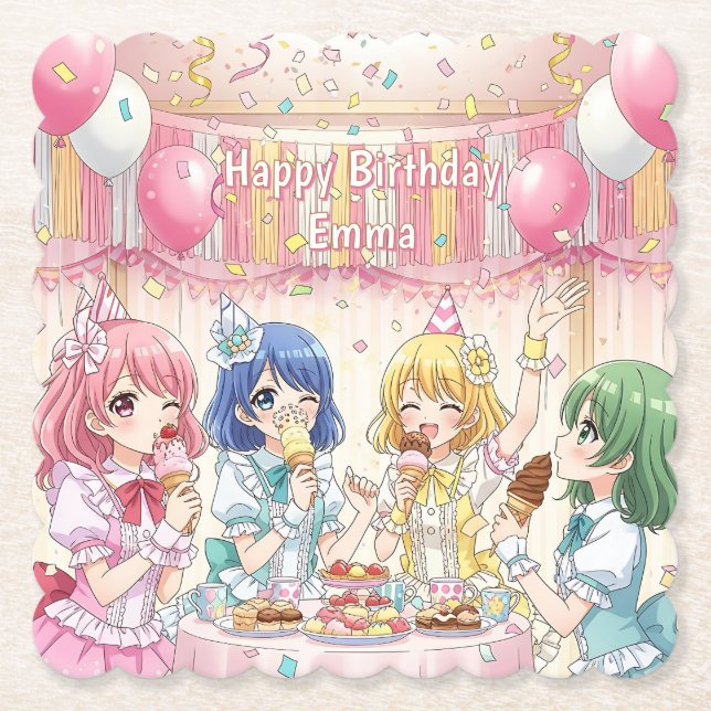 Cute Anime Girl's Ice Cream Birthday Party   Paper Coaster (Front)
