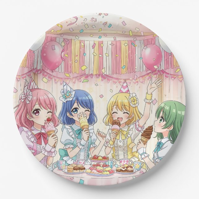 Cute Anime Girl's Ice Cream Birthday Party   Paper Plates (Front)