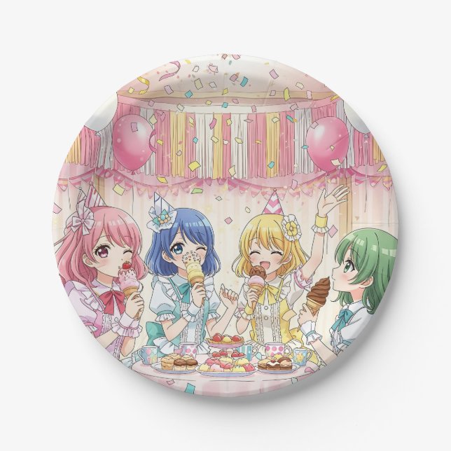 Cute Anime Girl's Ice Cream Birthday Party   Paper Plates (Front)