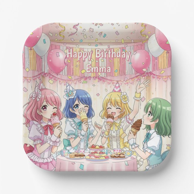 Cute Anime Girl's Ice Cream Birthday Party   Paper Plates (Front)
