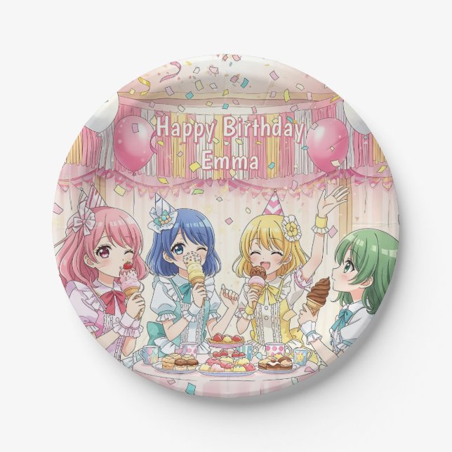 Cute Anime Girl's Ice Cream Birthday Party   Paper Plates (Front)