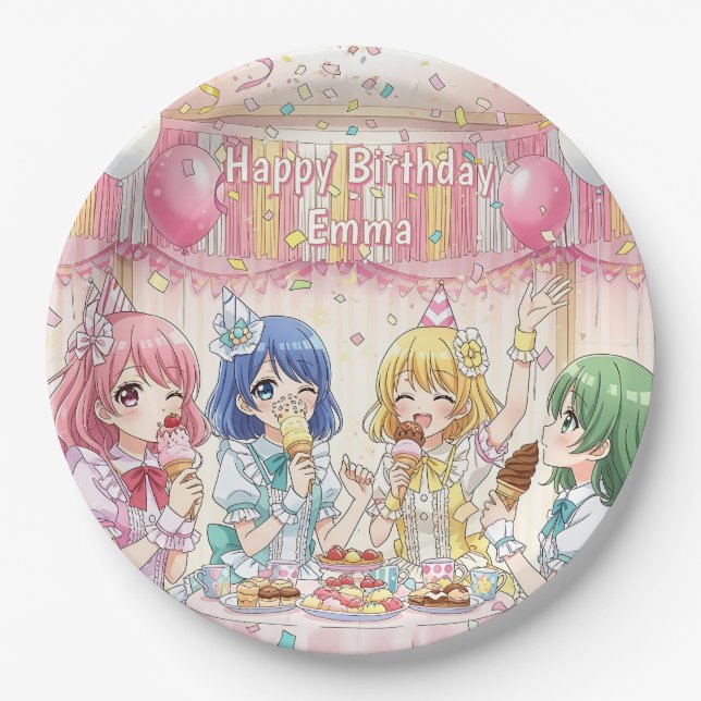 Cute Anime Girl's Ice Cream Birthday Party   Paper Plates (Front)