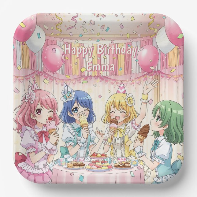 Cute Anime Girl's Ice Cream Birthday Party   Paper Plates (Front)