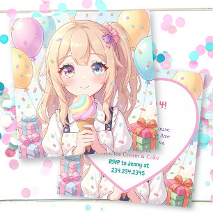 Cute Anime Girl's Ice Cream Themed Birthday Party Invitation