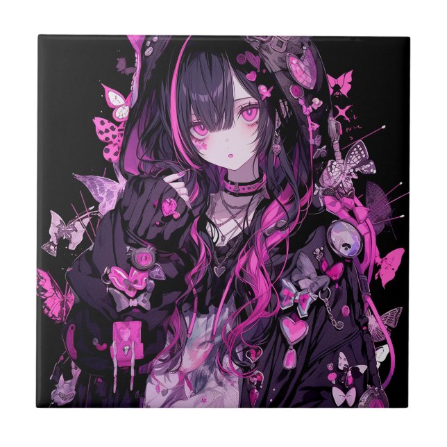 Cute Anime Goth Girl Ceramic Tile (Front)
