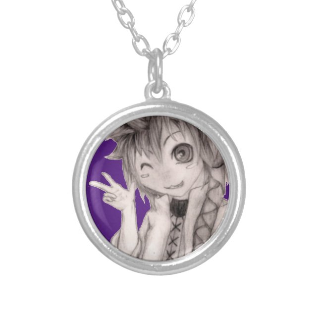 Cute Anime Guy, Original Drawing Silver Plated Necklace (Front)