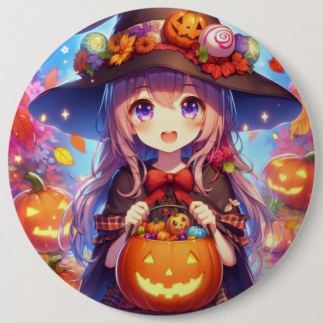 Cute Anime Halloween Witch Button (Front)