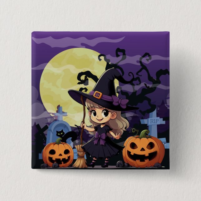 Cute Anime Halloween Witch Button (Front)