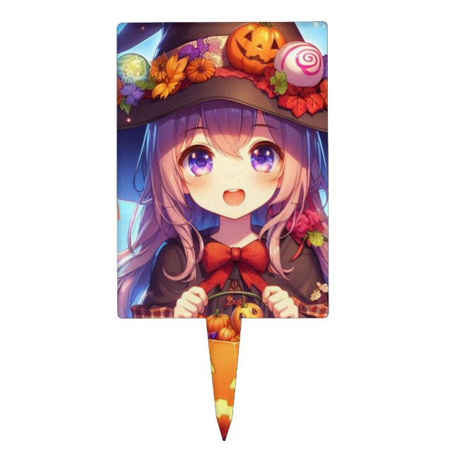 Cute Anime Halloween Witch Cake Topper (Front)