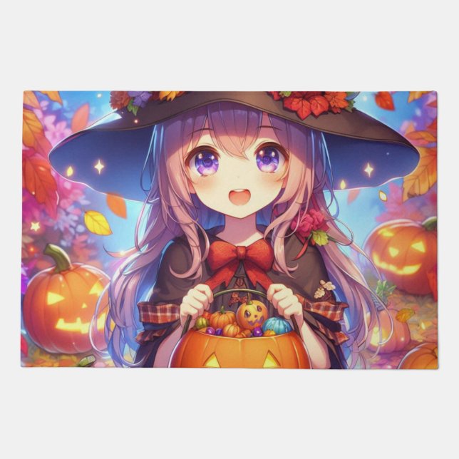 Cute Anime Halloween Witch Doormat (Front)
