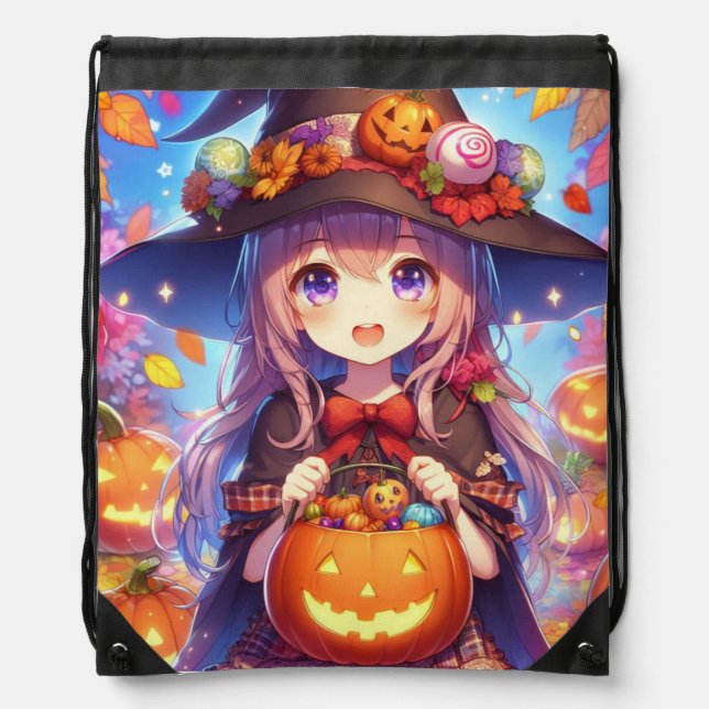 Cute Anime Halloween Witch Drawstring Bag (Front)
