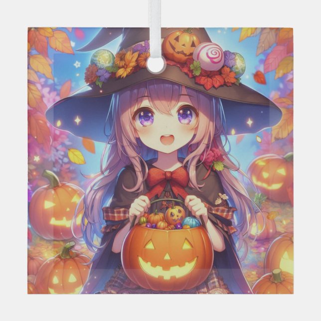 Cute Anime Halloween Witch Glass Ornament (Front)