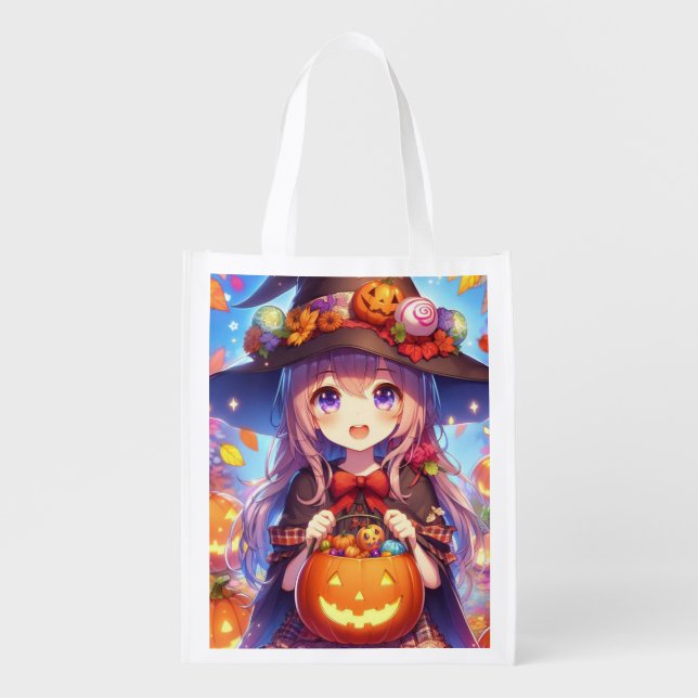 Cute Anime Halloween Witch Grocery Bag (Front)
