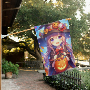 Cute Anime Halloween Witch House Flag